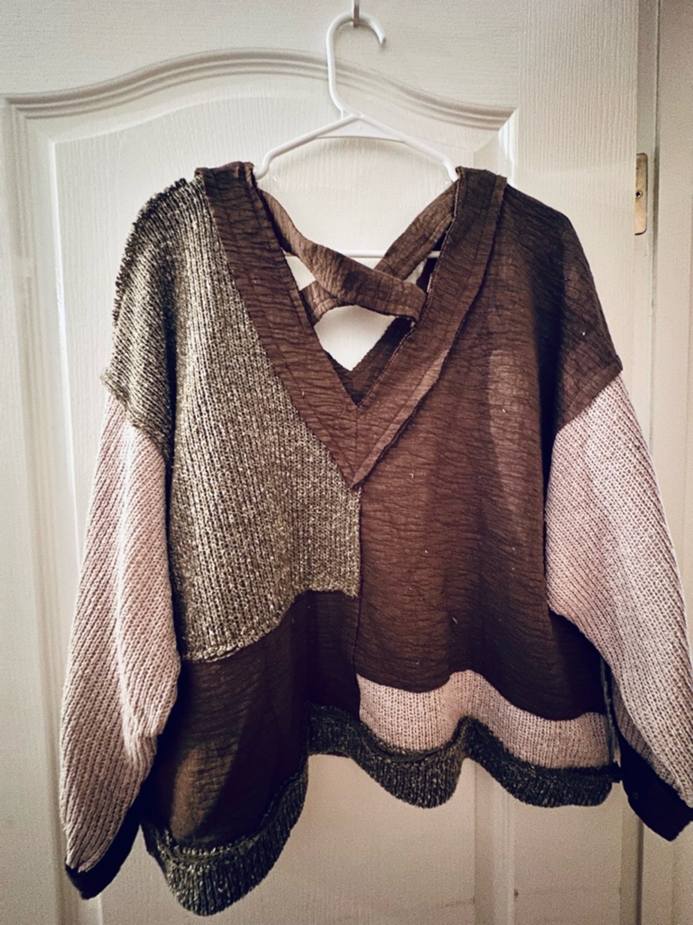POL Patchwork V-Neck Sweater in Brown, Olive and Taupe - Picture 2 of 5